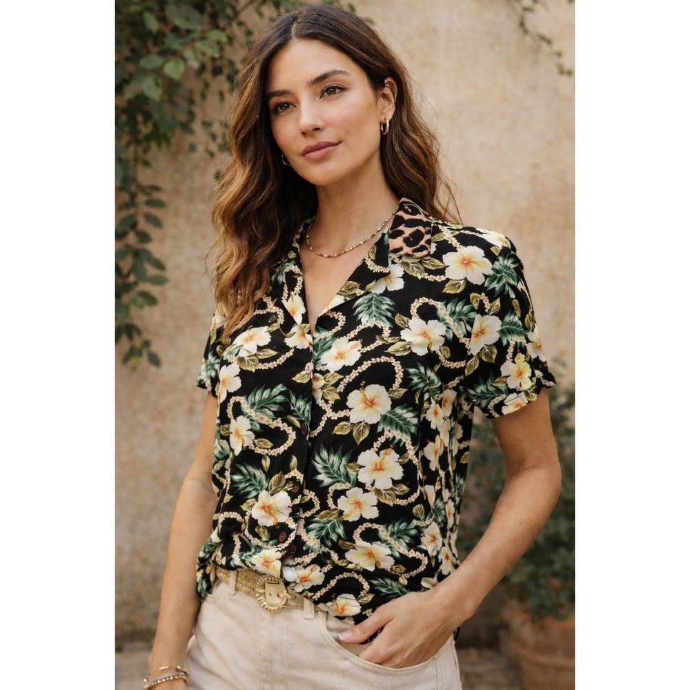 W1 Denim Supply Ralph Lauren Women's Aloha Floral Print Button Up Shirt Leopard